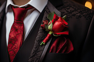 Groom's lapel adorned with a charming gothic red rose