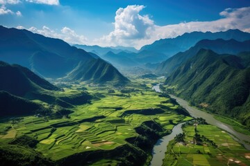 Naklejka premium Tranquil Landscape Green Forest and Mountain Range in Serene Valley