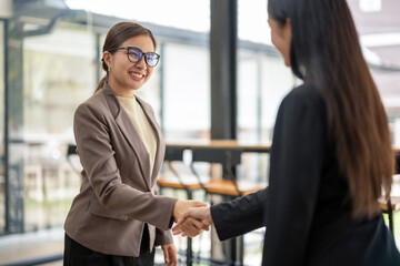 Close up of businesswoman shaking hands during a meeting success, dealing, greeting and partner concept.
