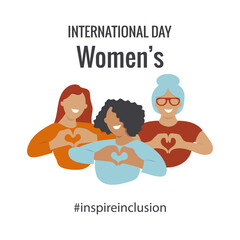 Inspire inclusion social campaign.Smiling women . Heart shaped hand gesture.Vector illustration