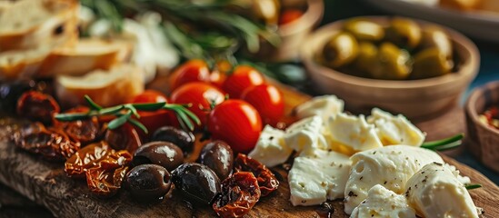Mediterranean starters with olives, mozzarella, dried tomatoes on a wooden surface. - obrazy, fototapety, plakaty