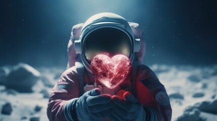 an astronaut in space holds a red glowing heart in his hands. dark background. blur, defocus. valentine's day concept, february 14