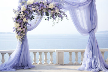 Wedding arch ceremony with floral drapery, purple flowers 