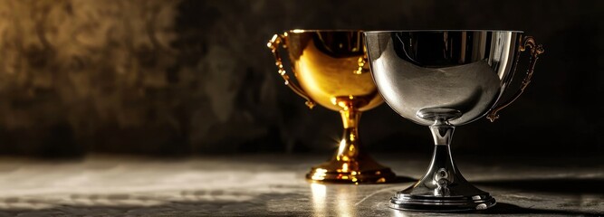 gold and silver winner's cup. space for text. background blur,  defocus.horizontal photo .concept of sport, victory, competition, winning, eSports