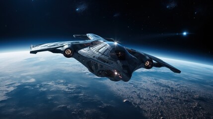 a large spaceship in space flies towards planet earth. concept of attack, other life, aliens,...