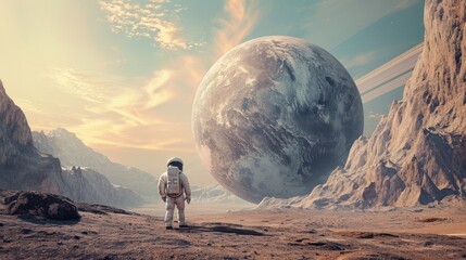 photo in light colors, an astronaut stands on the surface of a mountain moon, a planet in the background. concept of travel, other planets, relocation, space exploration.blur, defocus.copy space