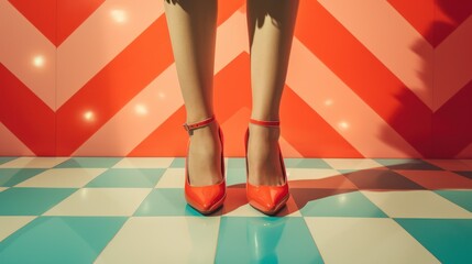 retro photo, women's legs in nylon tights and retro orange shoes. front view. empty space for text...