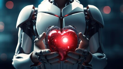 a white robot holds a red heart in his hands. blurred blue background. front photo.super realistic photo. concept of Valentine's day, February 14, love, relationships, future,advertisement for surgery