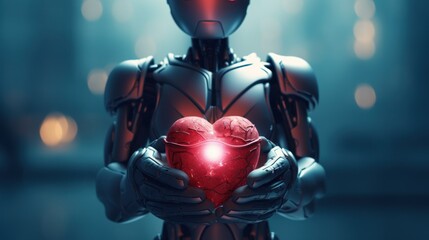 a grey robot holds a red heart in his hands. blurred blue background. front photo. super realistic photo. concept of Valentine's day, February 14, love, relationships, future,advertisement for surgery