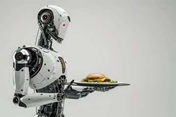 robot waiter holds a tray with food in his hands, on a light background, empty space for text on...