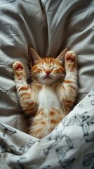 ginger kitten  lie on white sheets in an embrace, top view, concept of bed linen adver,love, coziness, sleeping pill advertisement,comfort, vertical photo, top view