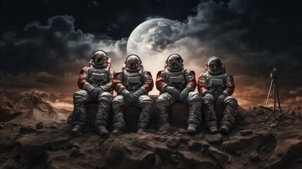 four  astronauts sitting in a row on the surface of the moon , in the background space, stars and planets, concept of technology, space, support, team