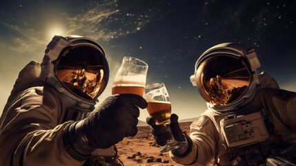 two astronauts clink glasses of light beer on the moon, in the background space and stars, concept of space, technology, planets, universe, brewing,beer, bar, travel advertising