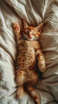 ginger kitten  lie on white sheets in an embrace, top view, concept of bed linen adver,love, coziness, sleeping pill advertisement,comfort, vertical photo, top view