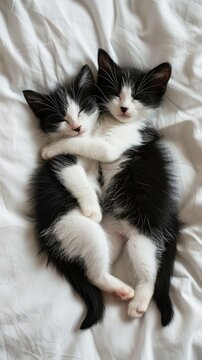 two shorthair kittens black and white lie in an embrace  on white sheets in the morning, top view, vertical photo. concept of hugs, love, coziness, comfort, Valentine's Day, bed linen advertising