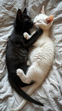 two shorthair kittens black and white lie in an embrace  on white sheets in the morning, top view, vertical photo. concept of hugs, love, coziness, comfort, Valentine's Day, bed linen advertising