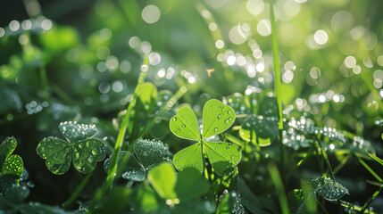 beautiful nature wallpaper. clover with dew drops among green grass. copy space. place for text