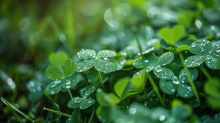 beautiful nature wallpaper. clover with dew drops among green grass. copy space. place for text