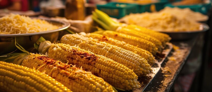Mexican street food made with corn, chili, and cheese known as esquite.