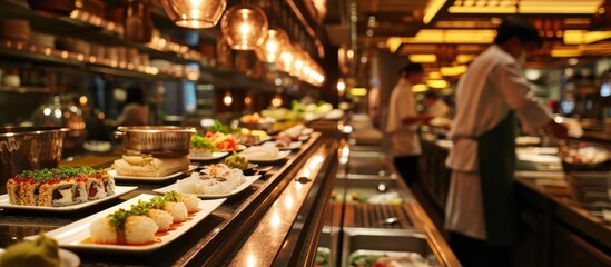 Conveyor belt in Thai restaurant with sushi and other dishes in Bangkok. - obrazy, fototapety, plakaty