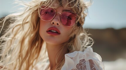Beauty portrait of blonde fashion model with waving hair is pink stylish glasses