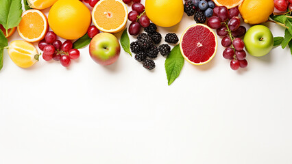 Top view of assorted fresh fruits on a clean white background