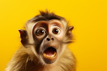 surprised monkey, isolated on yellow background - obrazy, fototapety, plakaty
