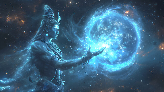 Cinematic illusion of Lord Shiva's in space universe, holding a glowing blue sphere planet as Sirius, galaxy, aura surround, floating objects, magnetic field, quantum, spectral light body, interwoven