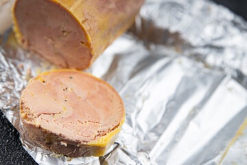 foie gras block goose or duck liver ready to eat eating cooking appetizer meal food snack on the table copy space food background rustic top view