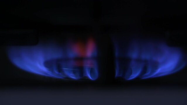 Close-up of a burning blue gas stove fire. Side view of the flame of a kitchen gas burner for cooking food. Kitchen stove burner in the dark. Real time