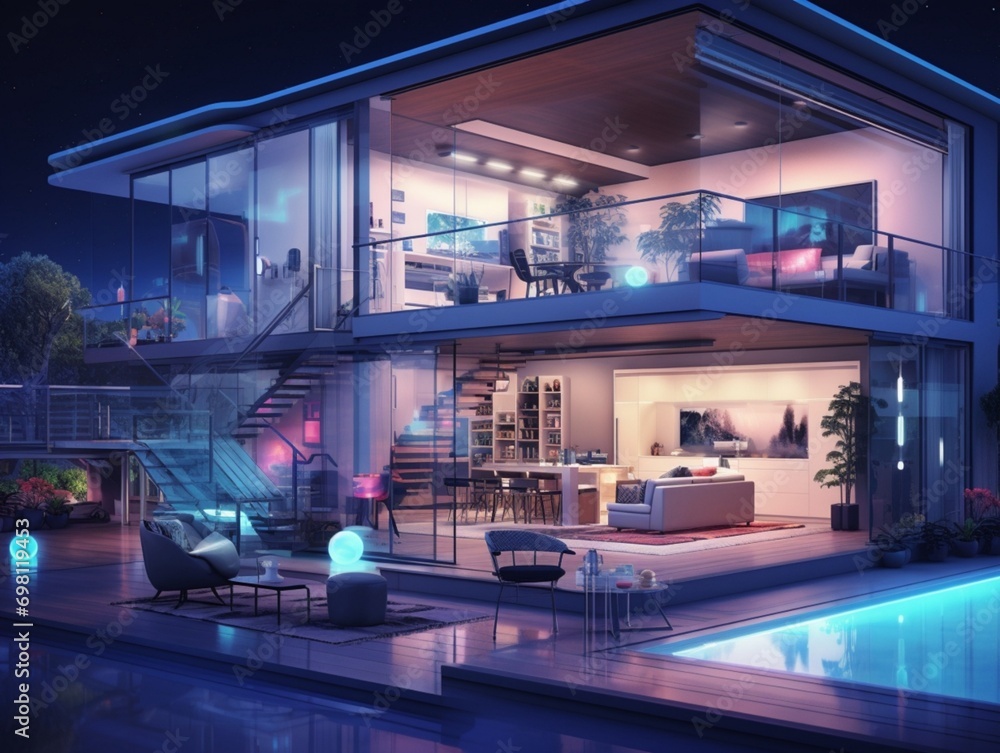 Poster an advanced futuristic smart home infused with personalized artificial intelligence generative