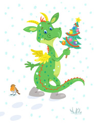 Funny little dragon in felt boots goes under the falling snowflakes with decorated Christmas tree in his hands. In cartoon style. Isolated on white background. Vector flat illustration. New Year card