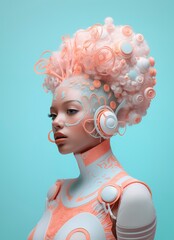 Young woman with avantgarde hairstyle and clothes. Peachy modern background. Ai generated image