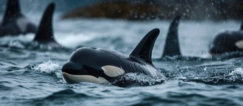 A young orca calf emerges, encircled by its kin.