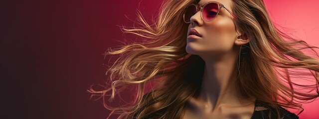 Naklejka premium A passionate woman exudes coolness with her long hair and red sunglasses as she looks to the side, showcasing her fashionable eyewear as a key accessory