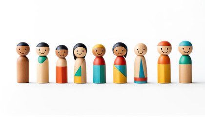 Cute diverse abstract people wood figurines with copy space