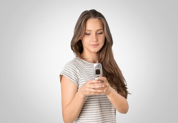 Happy Woman hold smartphone in hand