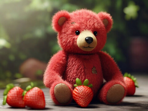  Teddy bear with strawberry. Generative Ai