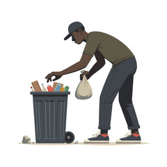 Homeless black man picking up trash flat design vector illustration.