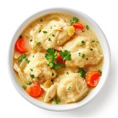 Chicken and Dumplings garnished with herbs in a bowl on a wooden table,