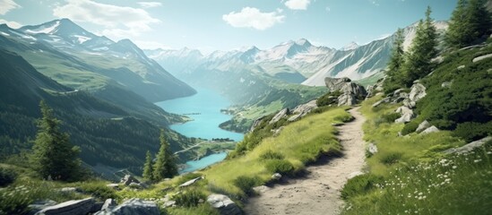 Mountain landscape with hiking trails and beautiful lake views - obrazy, fototapety, plakaty