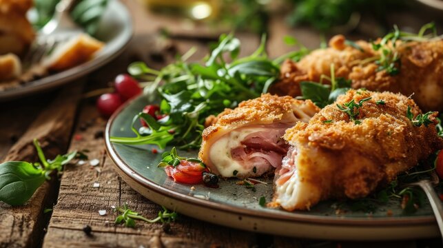 chicken cordon bleu stuffed with ham and cheese, garnished with fresh herbs on a wooden table