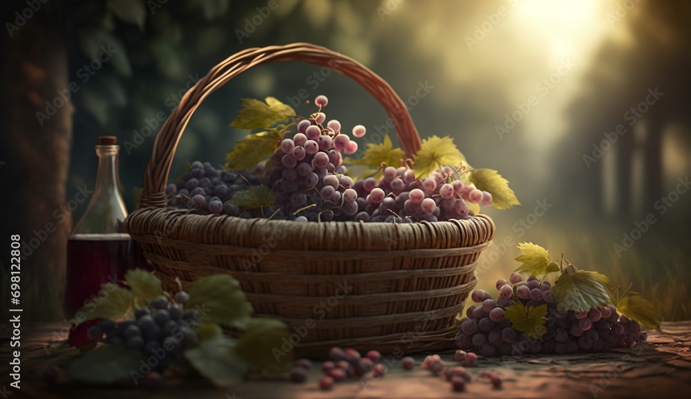 Poster grapes arranged artfully in a stray basket with a skillfully applied defocused background - ai gener