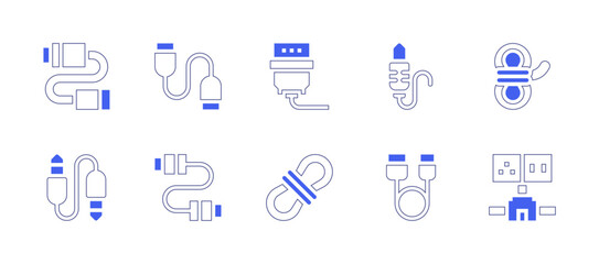 Cable icon set. Duotone color. Vector illustration. Containing cable, usb cable, vga, rope, jack connector, wiring.