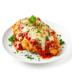 Delicious chicken parmesan topped with melted cheese on white background
