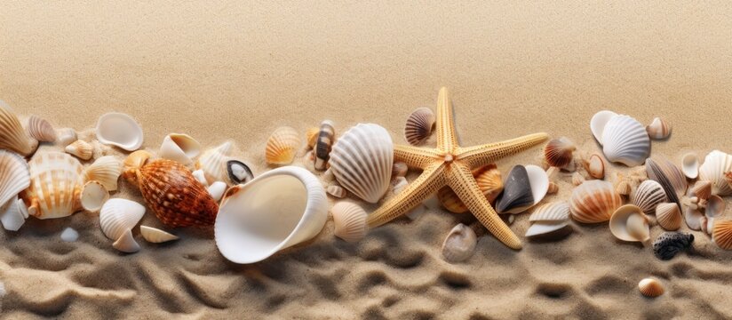 Sandy beach with shells and starfish as a natural textured background