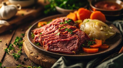 Corned beef and cabbage with carrots on a wooden table, garnished with fresh herbs.