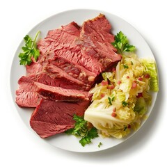 Sliced corned beef with cabbage and potatoes on a plate, traditional Irish meal, white background