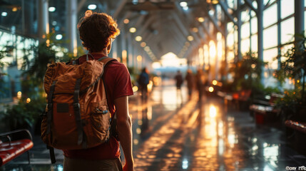 A man with a backpack standing in an airport Portrait of the man standing at the airport, providing a glimpse into the man's journey ahead.