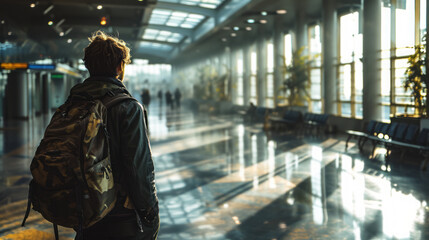 A man with a backpack standing in an airport Portrait of the man standing at the airport, providing a glimpse into the man's journey ahead.